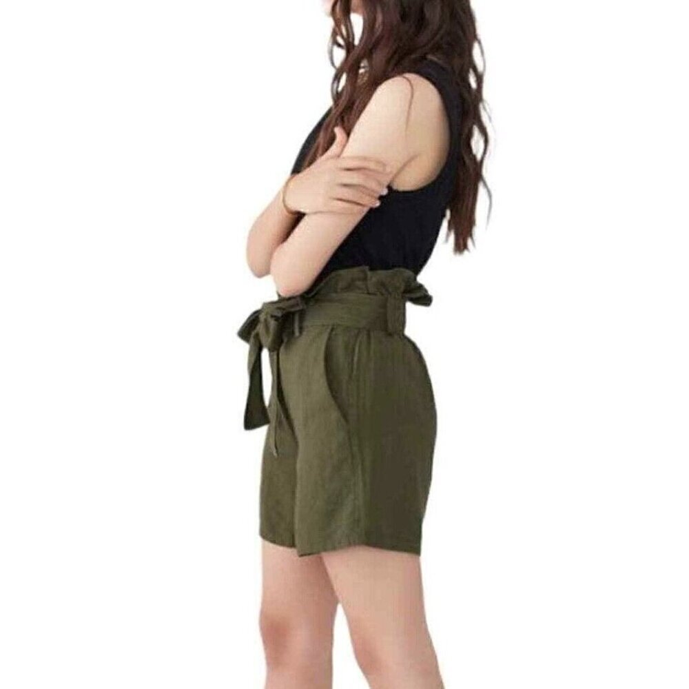 BlankNYC Sz L Linen Bld Olive Army Green Paperbag Shorts Belted Pull On Elastic